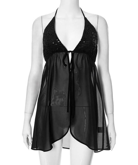 Alluring Black Sequin Halter Babydoll Lingerie - Perfect for Fall & Holiday Glamour
