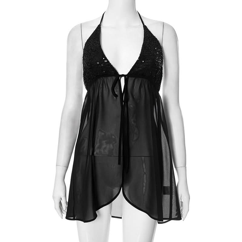 Alluring Black Sequin Halter Babydoll Lingerie - Perfect for Fall & Holiday Glamour