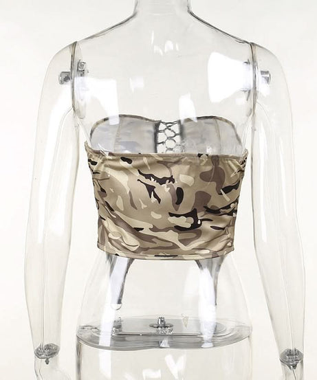 Edgy Y2K Camo Cargo Lace-Up Bodysuit Top - Strapless Corset Utility for Fall