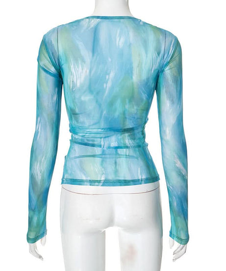 Oceanic Dreams Ruched Mesh Long Sleeve Wrap Top - Chic Fall Layering Essential