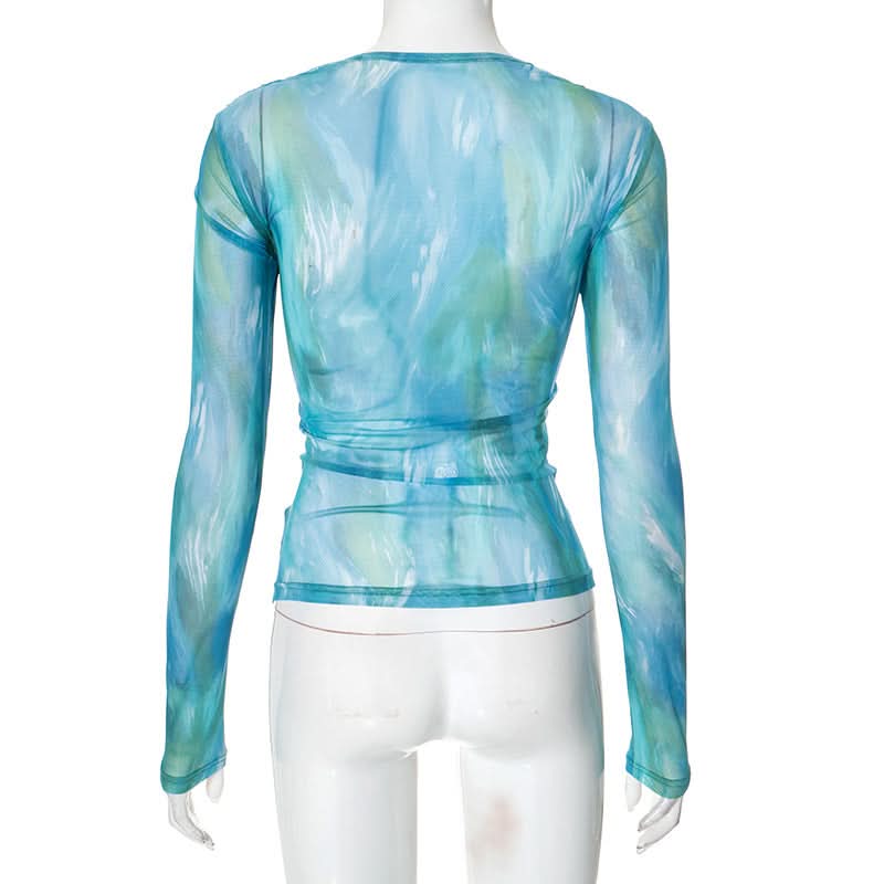 Oceanic Dreams Ruched Mesh Long Sleeve Wrap Top - Chic Fall Layering Essential