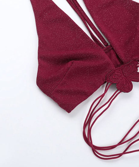 Enchanting Burgundy Shimmer Butterfly Halter Top & Mini Skirt Set | Fall Party & Holiday Glam