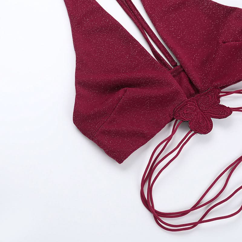 Enchanting Burgundy Shimmer Butterfly Halter Top & Mini Skirt Set | Fall Party & Holiday Glam