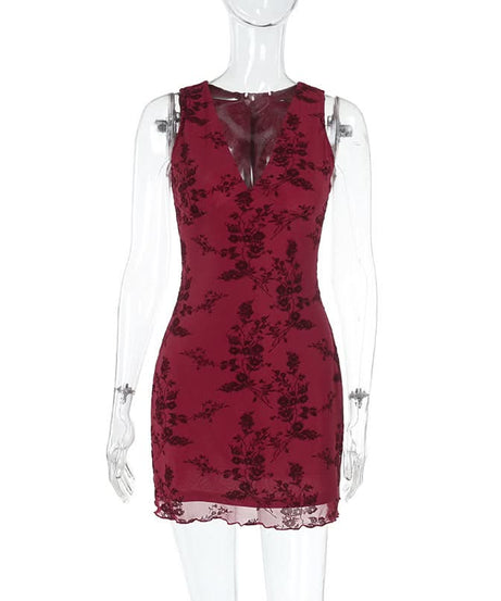 Dark Romance Floral Mesh Mini Dress - Chic Burgundy V-Neck for Fall & Holiday Parties