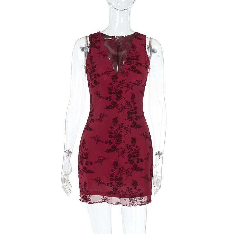 Dark Romance Floral Mesh Mini Dress - Chic Burgundy V-Neck for Fall & Holiday Parties