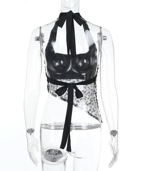 Unleash Your Wild Side: Fierce Leopard Halter Backless Crop Top - Fall Party Essential