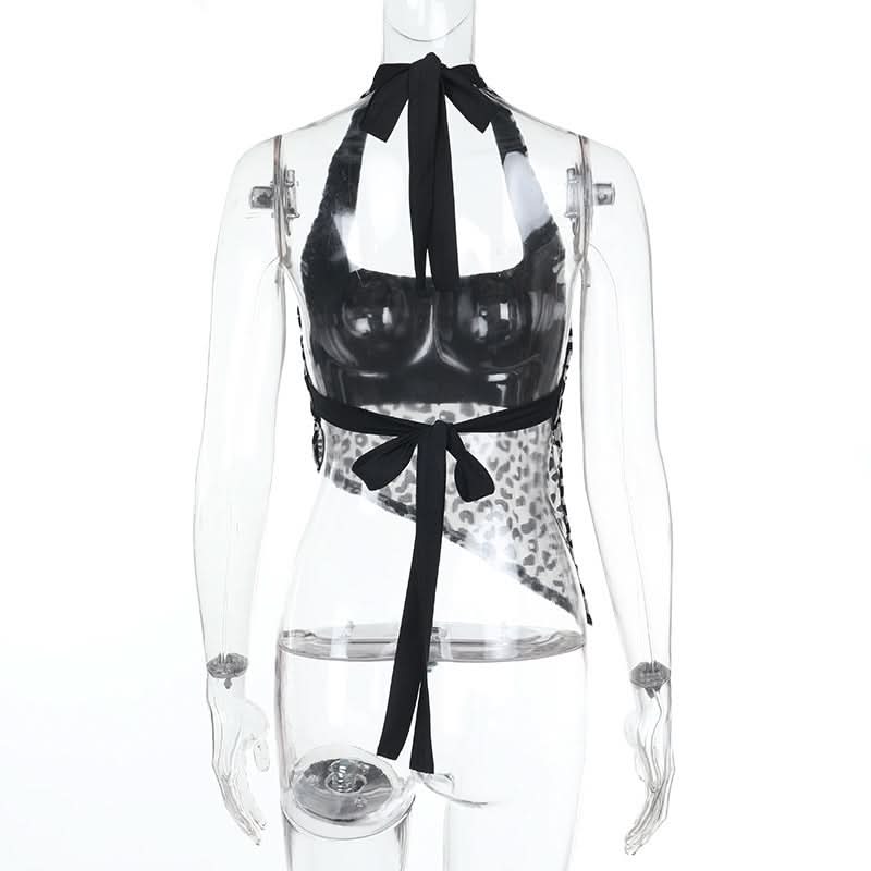 Unleash Your Wild Side: Fierce Leopard Halter Backless Crop Top - Fall Party Essential