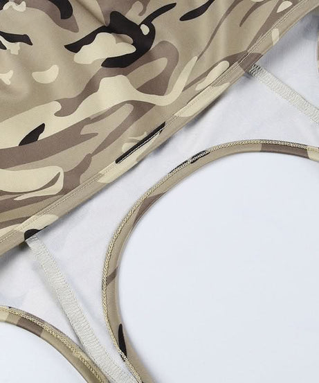 Edgy Y2K Camo Cargo Lace-Up Bodysuit Top - Strapless Corset Utility for Fall