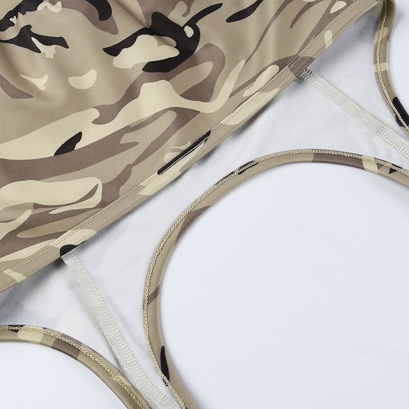 Edgy Y2K Camo Cargo Lace-Up Bodysuit Top - Strapless Corset Utility for Fall