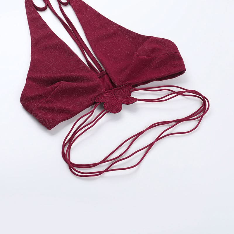 Enchanting Burgundy Shimmer Butterfly Halter Top & Mini Skirt Set | Fall Party & Holiday Glam