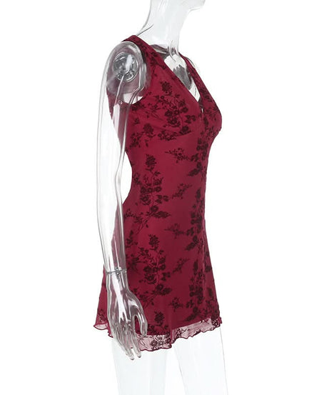 Dark Romance Floral Mesh Mini Dress - Chic Burgundy V-Neck for Fall & Holiday Parties