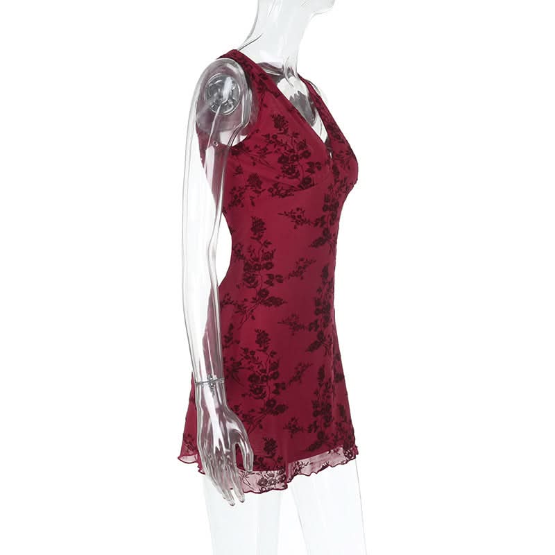 Dark Romance Floral Mesh Mini Dress - Chic Burgundy V-Neck for Fall & Holiday Parties