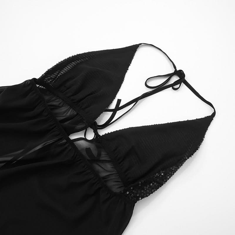 Alluring Black Sequin Halter Babydoll Lingerie - Perfect for Fall & Holiday Glamour