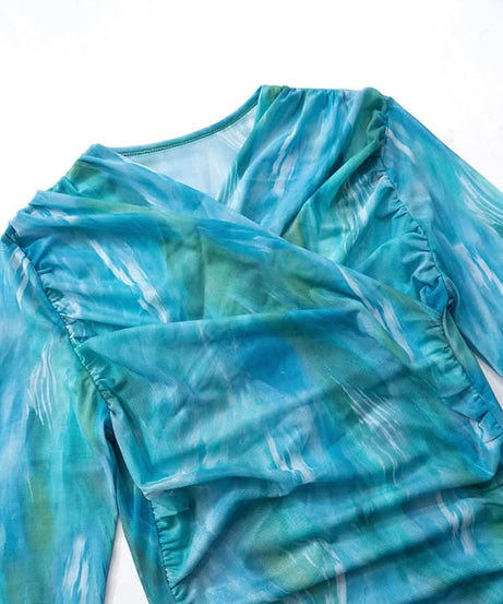 Oceanic Dreams Ruched Mesh Long Sleeve Wrap Top - Chic Fall Layering Essential