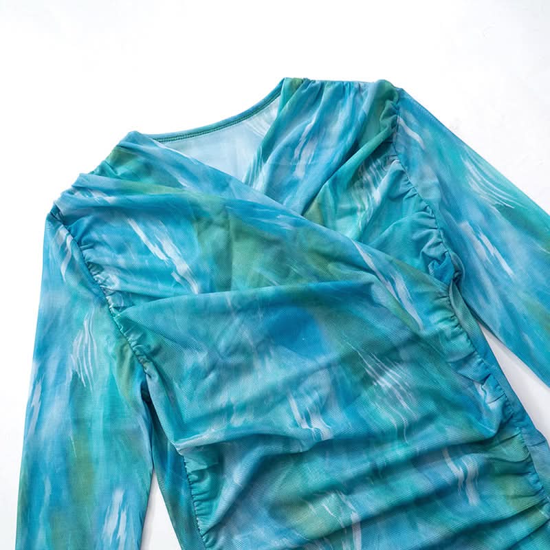 Oceanic Dreams Ruched Mesh Long Sleeve Wrap Top - Chic Fall Layering Essential