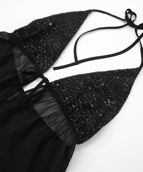 Alluring Black Sequin Halter Babydoll Lingerie - Perfect for Fall & Holiday Glamour