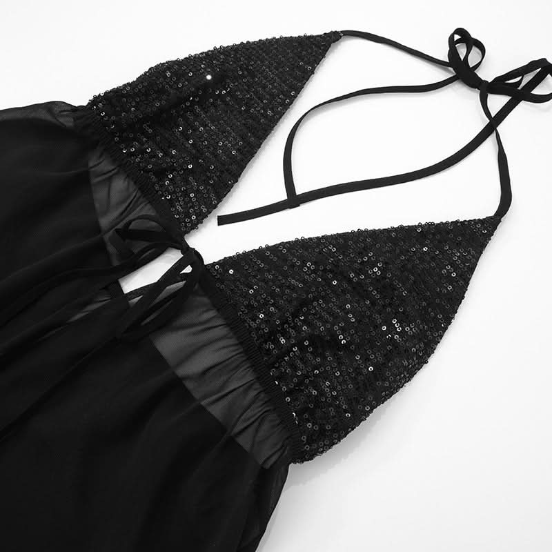Alluring Black Sequin Halter Babydoll Lingerie - Perfect for Fall & Holiday Glamour