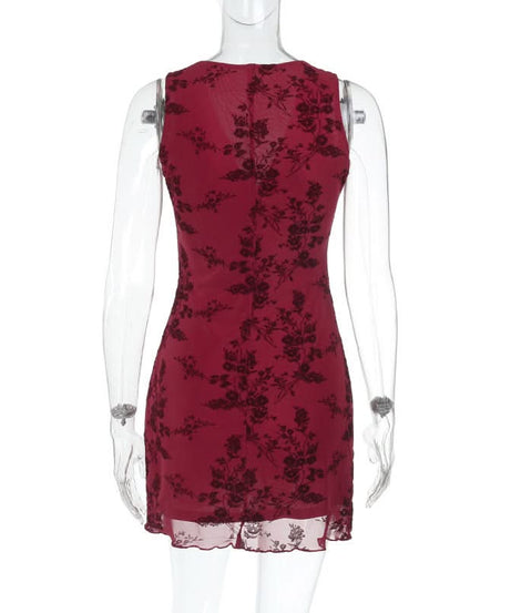 Dark Romance Floral Mesh Mini Dress - Chic Burgundy V-Neck for Fall & Holiday Parties