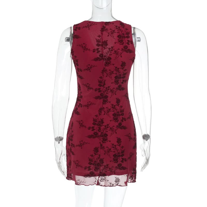 Dark Romance Floral Mesh Mini Dress - Chic Burgundy V-Neck for Fall & Holiday Parties