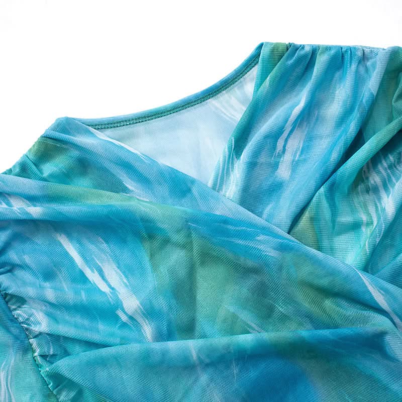 Oceanic Dreams Ruched Mesh Long Sleeve Wrap Top - Chic Fall Layering Essential