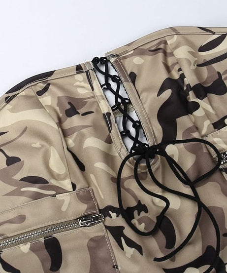 Edgy Y2K Camo Cargo Lace-Up Bodysuit Top - Strapless Corset Utility for Fall