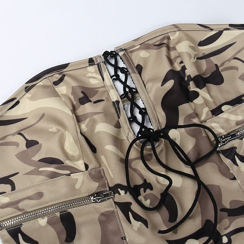 Edgy Y2K Camo Cargo Lace-Up Bodysuit Top - Strapless Corset Utility for Fall
