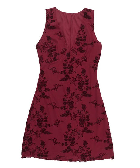 Dark Romance Floral Mesh Mini Dress - Chic Burgundy V-Neck for Fall & Holiday Parties