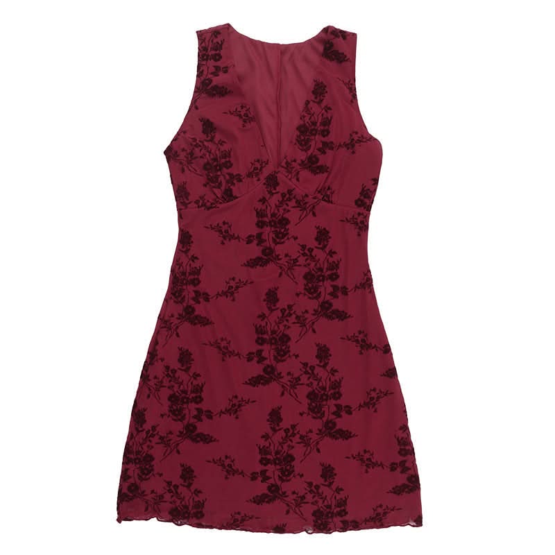 Dark Romance Floral Mesh Mini Dress - Chic Burgundy V-Neck for Fall & Holiday Parties