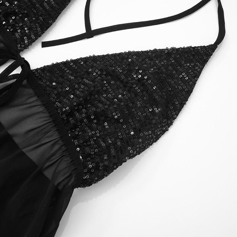 Alluring Black Sequin Halter Babydoll Lingerie - Perfect for Fall & Holiday Glamour