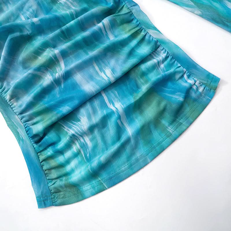 Oceanic Dreams Ruched Mesh Long Sleeve Wrap Top - Chic Fall Layering Essential