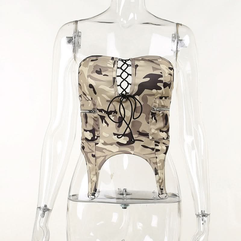 Edgy Y2K Camo Cargo Lace-Up Bodysuit Top - Strapless Corset Utility for Fall