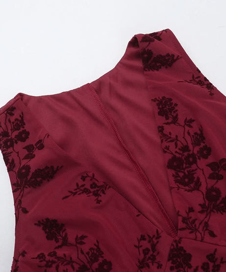 Dark Romance Floral Mesh Mini Dress - Chic Burgundy V-Neck for Fall & Holiday Parties