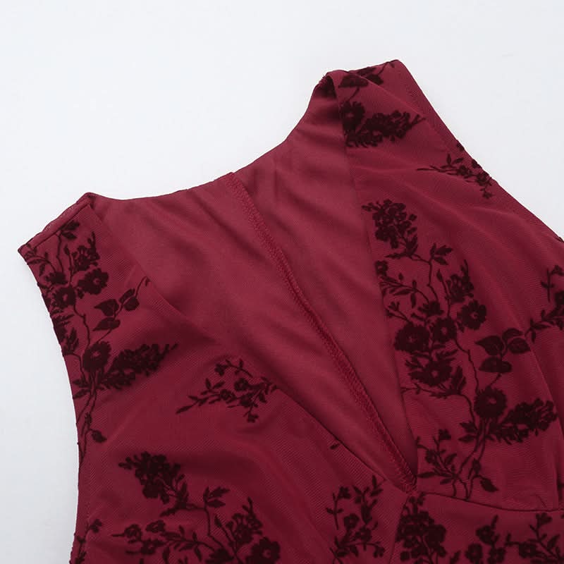 Dark Romance Floral Mesh Mini Dress - Chic Burgundy V-Neck for Fall & Holiday Parties