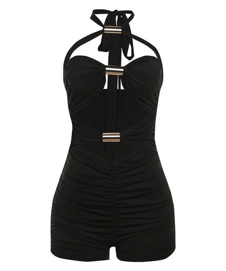 Chic Black Halter Cutout Romper with Gold Accents - Your Elevated Go-To for Fall Nights & Parties