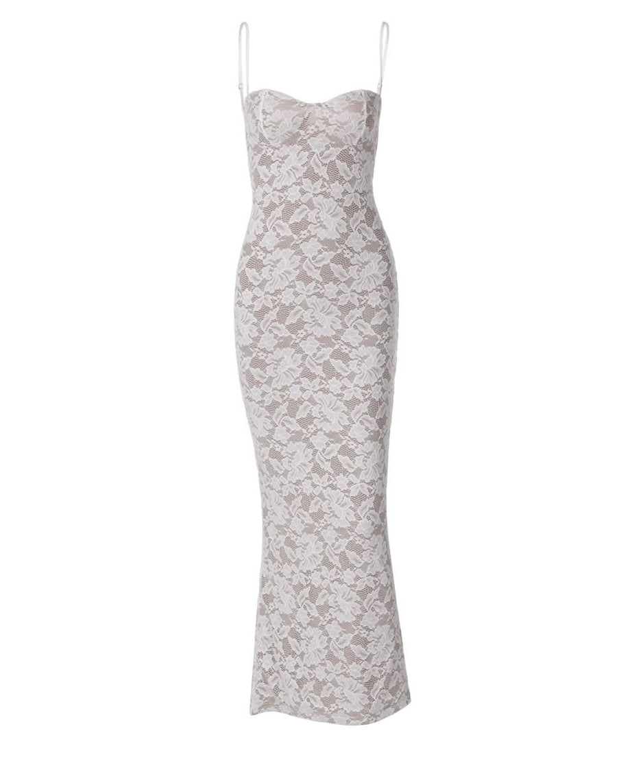 Elegant White Lace Sweetheart Maxi Dress - Bodycon Fit for Fall & Holiday Celebrations