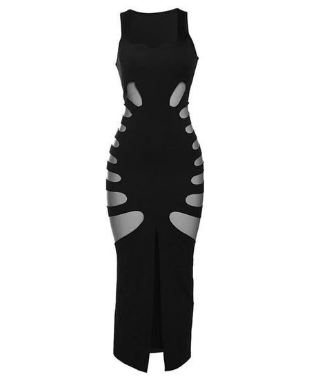 Sultry Ribcage Cutout Bodycon Maxi Dress - Black Halloween Party & Night Out