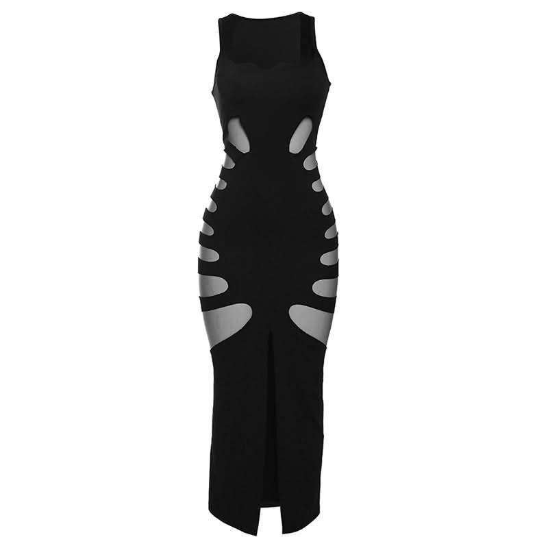 Sultry Ribcage Cutout Bodycon Maxi Dress - Black Halloween Party & Night Out