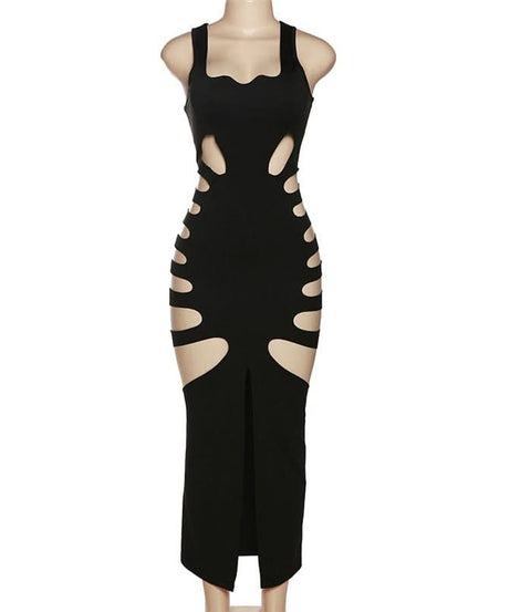 Sultry Ribcage Cutout Bodycon Maxi Dress - Black Halloween Party & Night Out