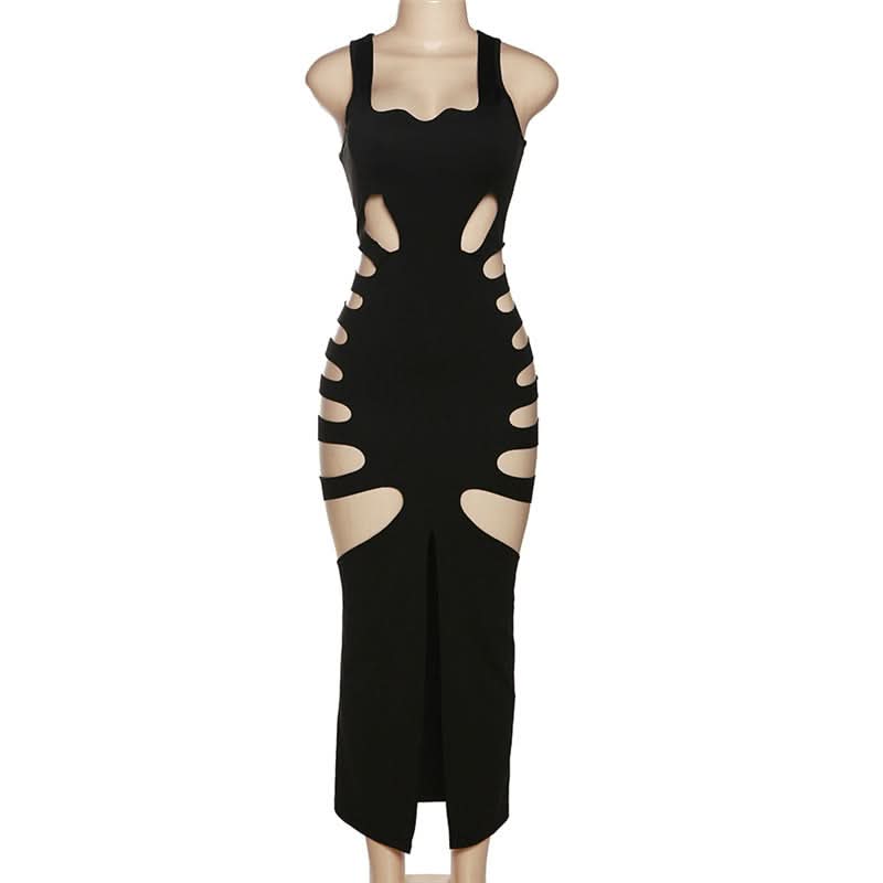 Sultry Ribcage Cutout Bodycon Maxi Dress - Black Halloween Party & Night Out