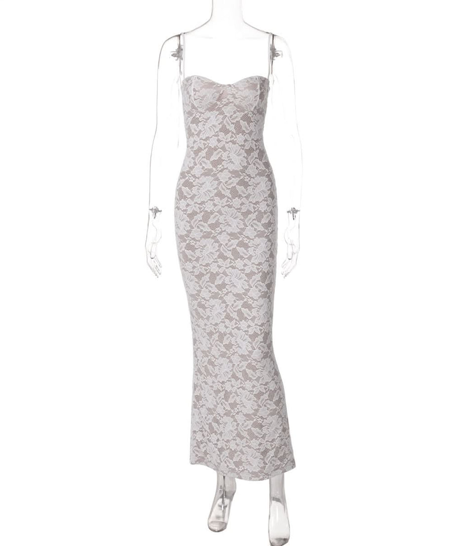 Elegant White Lace Sweetheart Maxi Dress - Bodycon Fit for Fall & Holiday Celebrations