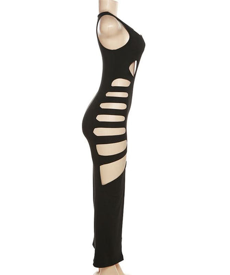 Sultry Ribcage Cutout Bodycon Maxi Dress - Black Halloween Party & Night Out