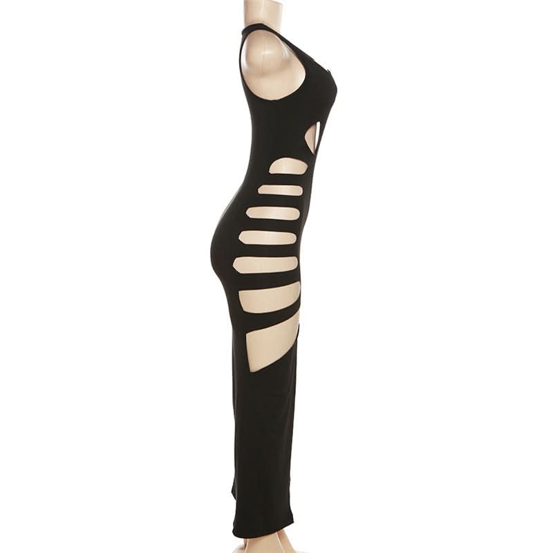 Sultry Ribcage Cutout Bodycon Maxi Dress - Black Halloween Party & Night Out