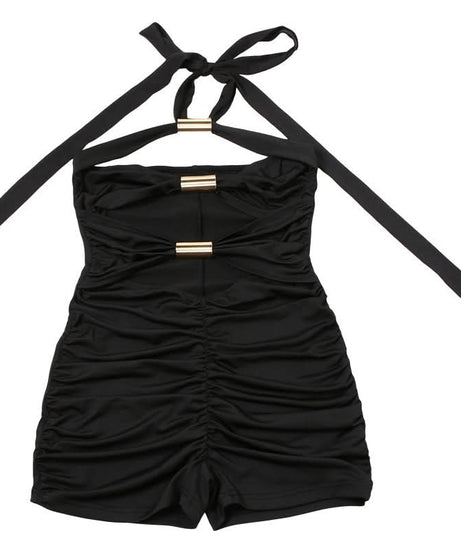 Chic Black Halter Cutout Romper with Gold Accents - Your Elevated Go-To for Fall Nights & Parties