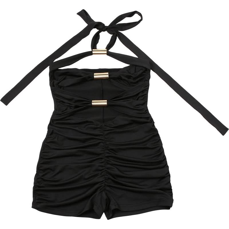 Chic Black Halter Cutout Romper with Gold Accents - Your Elevated Go-To for Fall Nights & Parties
