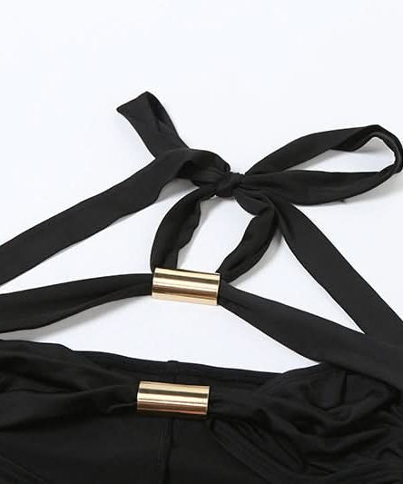 Chic Black Halter Cutout Romper with Gold Accents - Your Elevated Go-To for Fall Nights & Parties