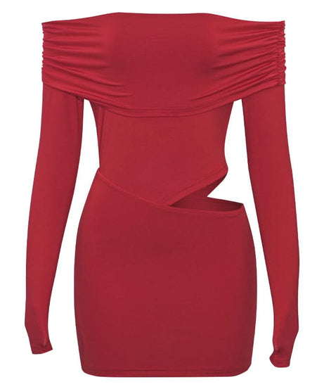Sultry Red Off-Shoulder Cut-Out Mini Dress | Long Sleeve Fall & Holiday Party Ready