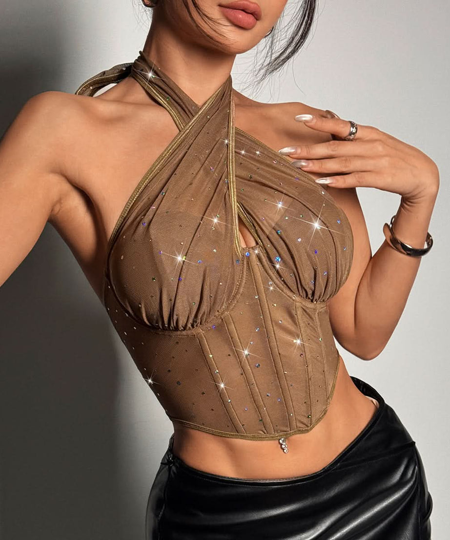 Dazzling Red Rhinestone Halter Corset Top - Glam Up Your Fall & Holiday Nights