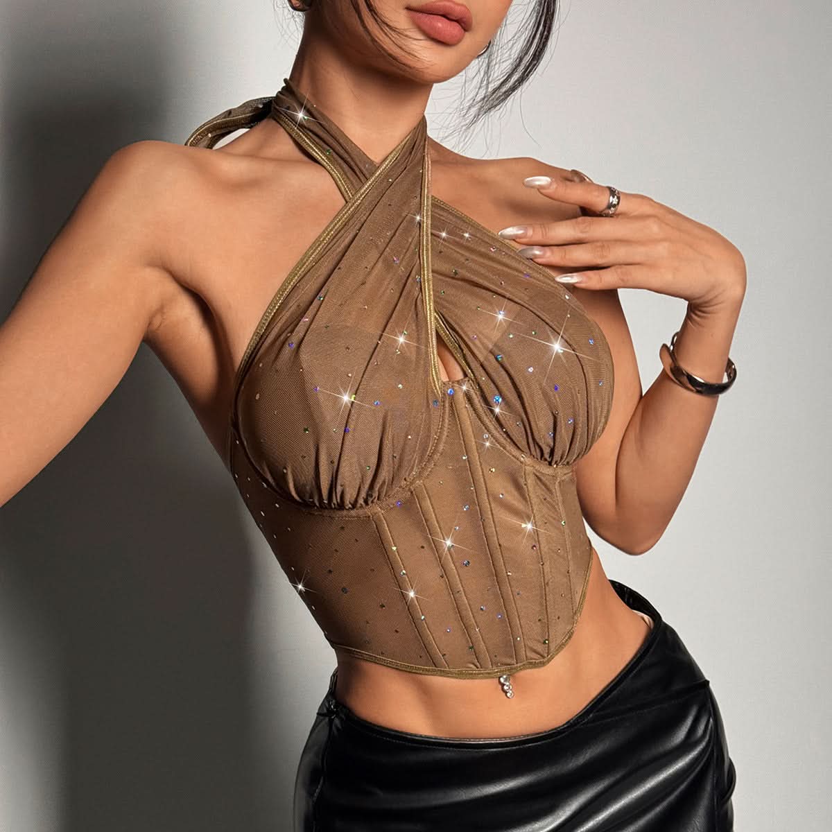 Dazzling Red Rhinestone Halter Corset Top - Glam Up Your Fall & Holiday Nights