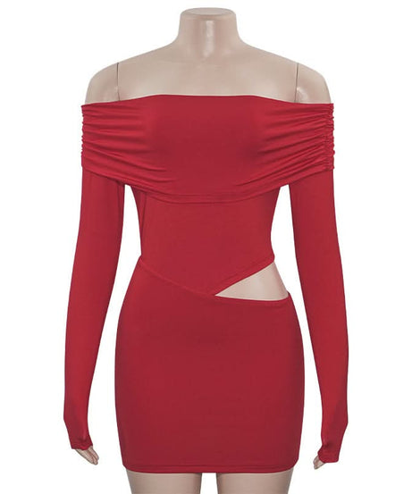 Sultry Red Off-Shoulder Cut-Out Mini Dress | Long Sleeve Fall & Holiday Party Ready