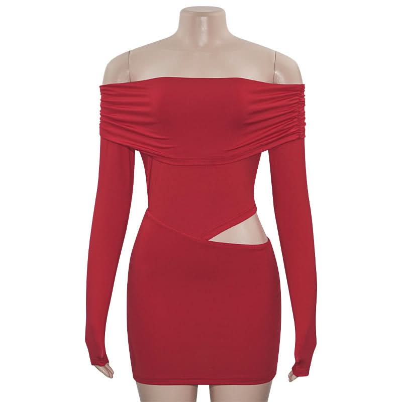 Sultry Red Off-Shoulder Cut-Out Mini Dress | Long Sleeve Fall & Holiday Party Ready